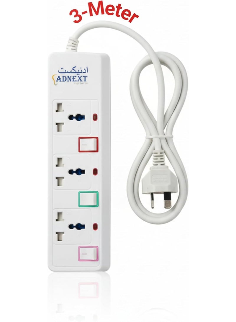 Adnext Power Socket with 3 Way Outlets and Extension Cord, 3 Meter Length, White - Image 1